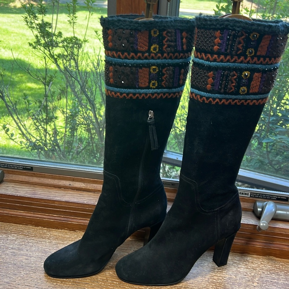Prada embroidered suede black knee high boots size 10.5
